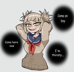 big_breasts blonde_female blonde_hair blonde_hair boku_no_hero_academia fangs female female_only himiko_toga my_hero_academia oerba_yun_fang pointed_teeth school school_uniform schoolgirl sweater telefka text toga_himiko uniform white_body white_skin yandere yellow_eyes