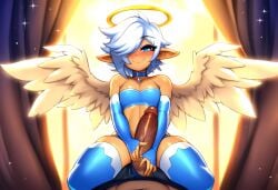 2boys ai_generated alriel angel angel_wings curvaceous curvy dark-skinned_femboy dark-skinned_male dark_skin femboy gay halo handjob hyper_hips imminent_sex mullon novelai original penis sissy thick_thighs trap white_hair wide_hips yaoi