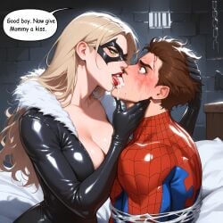 1boy 1girls after_orgasm after_sex ai_generated black_cat_(marvel) bondage bound bound_to_bed bound_wrists broken broken_rape_victim chained chained_up chained_wrists chains chastity_cage cum cum_in_mouth defeated defeated_hero defeated_male eating_cum felicia_hardy female femdom forced humiliation kiss kissing male malesub marvel muscular muscular_male muscular_sub on_back on_bed pegging pegging_male peter_parker pink_chastity_cage post-orgasm post_orgasm restrained seductivequeen shackles spider-man swallowing swallowing_cum swallowing_own_cum