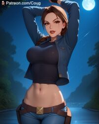 1girls ai_assisted ai_generated arms_up artist_name bare_midriff belt belt_buckle black_shirt bottomwear braid braided_hair breasts brown_eyes brown_hair cougwe denim_jacket female female_only lara_croft large_breasts long_hair long_sleeves moon navel netflix night night_sky outdoors outside patreon_url solo stable_diffusion standing tomb_raider trees water