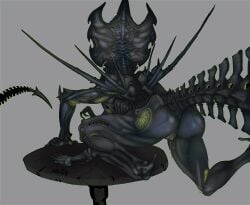 alien alien_(franchise) ass big_butt bodily_fluids dead_by_daylight exoskeleton female furniture genital_fluids genitals hi_res leaning leaning_forward on_table pussy rear_view sharp_tail solo srutisss standing table tail thick_thighs vaginal_fluids wide_hips xenomorph xenomorph_queen