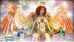 1girls 3d angel_wings aphrodite_(becarra) artist_name bare_shoulders becarra big_breasts blue_eyes bracer breast_outside brown_hair busty cleavage crown curvy detailed_background english_text erect_nipple erect_nipples eyelashes female female_only fishnets front_view hammer holding_object hourglass_figure humanoid long_hair looking_at_viewer pose posing see-through shiny shiny_skin shoulder_pads smiling solo standing text tiara voluptuous wide_hips wings