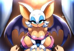 1boy 1girls 2024 2d 2d_(artwork) ai_generated bat bat_ears bat_girl bat_wings big_breasts bulge chiropteran chiropteran_humanoid dark-skinned_female dark_skin fangs female from_above furry furry_female furry_only high-angle_view imminent_sex jeans large_breasts mullon open_mouth pov rouge_the_bat seductive seductive_look seductive_smile sonic_(series) sonic_the_hedgehog_(series)