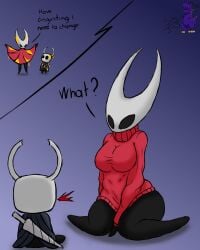 1boy 1girls big_breasts comic furry hollow_knight hornet_(hollow_knight) protagonist_(hollow_knight) simple_background six343 sweater text video_game