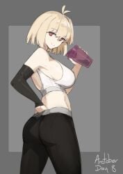 absurdres ahoge antenna_hair arcueid_brunestud ass ass big_ass blonde_hair bottle breasts detached_sleeves female hand_in_pants highres huge_ass jonyeld large_breasts long_sleeves looking_at_viewer pants red_eyes short_hair sideboob single_detached_sleeve single_sleeve smile solo sports_bra tight_clothes tight_pants tsukihime water_bottle white_sports_bra yoga_pants