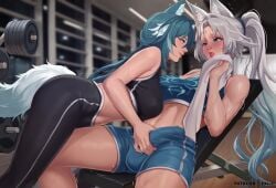 1futa 1girls animal_ear_fluff animal_ears animal_tail aqua_eyes artist_name balls big_breasts big_penis blush breasts cleavage clothed clothing crop_top erection erection_under_clothes exlic feixiao_(honkai:_star_rail) female fully_clothed futa_on_female futa_with_female futanari gym gym_clothes gym_shorts handjob handjob_over_clothes handjob_through_clothing honkai:_star_rail humanoid humanoid_penis indoors kemonomimi light-skinned_female light-skinned_futanari light_skin long_hair medium_breasts midriff multicolored_hair navel open_mouth penis penis_bulge penis_grab shorts sitting tail testicle_bulge trembling turquoise_hair very_long_hair white_hair yoga_pants yukong_(honkai:_star_rail)