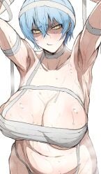 1girls angela_(library_of_ruina) angela_(lobotomy_corporation) armpits arms_up bandage big_breasts blue_hair blush library_of_ruina looking_at_viewer nb8c partially_clothed presenting project_moon short_hair solo standing sweat tears thick_thighs yellow_eyes