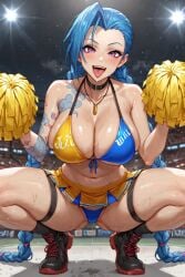 ai_generated cheerleader female jinx_(league_of_legends) league_of_legends squatting tensor_art