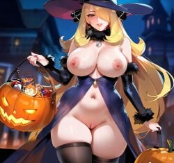 1girls ai_generated bangs bare_shoulders basket black_legwear blonde_hair blurry_background blush breasts candy cosplay cynthia_(pokemon) detached_collar detached_sleeves dress female full_moon fur_collar fur_trim hair_ornament hair_over_one_eye halloween halloween_costume hat jack-o'-lantern lantern large_breasts lollipop long_hair looking_at_viewer mature_female nail_polish navel night nipples open_mouth outdoors pokemon pumpkin pussy shiny_skin skindentation smile sweat thick_thighs thighhighs thighs wide_hips witch witch_costume witch_hat