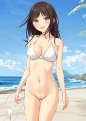 1girls beach belly_button bikini black_hair bottomless collarbone female gold_eyes holding_bikini_bottom looking_at_viewer medium_breasts mountain n.g. ocean open_mouth original original_character palm_tree petite pussy skinny slim smiling_at_viewer standing thick_thighs white_bikini wide_hips