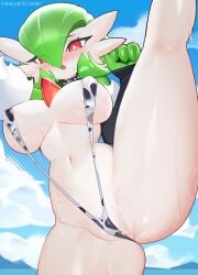 2024 absurd_res big_breasts blush bodily_fluids breasts clothed clothing female gardevoir generation_3_pokemon genital_fluids green_hair hair hi_res humanoid looking_at_viewer navel nintendo nipple_outline pokemon pokemon_(species) raised_leg re1akko solo vaginal_fluids white_body