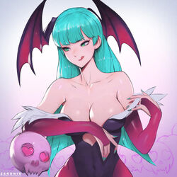 1girls aqua_eyes aqua_hair aqua_nails bare_shoulders breasts capcom cleavage clothing darkstalkers elbow_gloves female female_only large_breasts licking long_hair medium_breasts morrigan_aensland nail_polish navel solo succubus zeronis