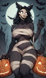 ai_generated anthro bats female female_only full_moon halloween halloween_costume jack-o'-lantern mal0 malo mummy mummy_costume mummy_wrappings pixai scp-1471 scp-1471-a scp_foundation self_upload weedvee420