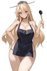 apron black_panties blonde_hair blue_eyes breasts cleavage dimos_(dawn_1945) female hair_between_eyes hand_on_own_hip headgear highres holding holding_ladle iowa_(kantai_collection) kantai_collection ladle large_breasts long_hair looking_at_viewer mature_female milf nearly_naked_apron panties smile solo star-shaped_pupils star_(symbol) striped_clothes striped_panties symbol-shaped_pupils underwear white_background wide_hips