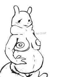 3:4 3_fingers anthro belly big_belly big_breasts big_nipples breasts chubby_cheeks female fingers gourmand_(rain_world) monochrome nipples nude rain_world shaved_pussy slugcat solo stretch_marks ted-simp videocult