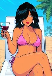 ai_generated beach best_quality black_hair blue_sky breasts crossed_legs dark_skin earrings female good_quality grand_theft_auto grand_theft_auto:_vice_city hair_over_one_eye holding_wine_glass light_rays lipstick long_hair looking_at_viewer lounge_chair masterpiece palm_tree pink_bikini red_nails side_tie_bikini_bottom sitting vice_city_cover_girl