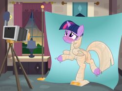 absurd_res accurate_art_style alicorn anus artist_name backdrop blush camera curtains dock_(anatomy) equid equine feathered_wings feathers female feral friendship_is_magic furniture genitals grey_body grey_tail grey_wings hair hasbro hi_res hooves horn icaron inanimate_transformation inside lamp mammal mid_transformation motion_lines my_little_pony mythological_creature mythological_equine mythology on_one_leg petrification plinth purple_body purple_eyes purple_hair pussy solo standing statue_transformation statuefication statufication story story_at_source story_in_description table tail transformation tripod twilight_sparkle_(mlp) underhoof unicorn watermark window wings