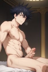 1boy abs ai_generated another_megumi bangs bara bed black_hair blush completely_nude erection fushiguro_megumi hair_between_eyes indoors jujutsu_kaisen large_pectorals looking_at_viewer male_focus male_masturbation male_pubic_hair masturbation muscular muscular_male navel nipples nude on_bed parted_lips pectorals penis pubic_hair short_hair sitting solo spiked_hair sweat testicles thighs toned_male uncensored veins veiny_penis