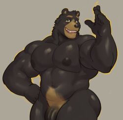 anthro bara_tiddies bara_tits bear big_chest big_pecs black_bear black_body black_fur black_nipples black_penis fur genitals gesture gigantic_chest hand_on_hip hi_res huge_chest huge_pecs humanoid_genitalia humanoid_penis hunnipanda large_pectorals looking_at_viewer male mammal manboobs massive_chest massive_pecs moobs muscular muscular_anthro muscular_male nipples nude penis solo tan_body tan_fur teeth ursine waving waving_at_viewer