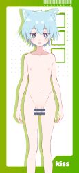 1boy absurdres animal_ear_fluff animal_ears bar_censor barcode blue_eyes blue_hair border bright_pupils cat_ears censored completely_nude drop_shadow flaccid green_border groin highres male_focus misskey.io murakami-san_(misskey.io) navel nipples nude otoko_no_ko parted_lips penis pi_ponchi short_hair solo white_pupils