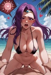 ai_generated bikini black_bikini cowgirl_position cum_inside cumshot fire_emblem fire_emblem_gaiden heart impregnation internal_cumshot long_hair purple_hair sonya_(fire_emblem)