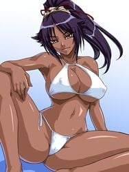 1girls ass bikini bleach breasts cameltoe cleavage collarbone dark-skinned_female dark_skin female female_only kagami_hirotaka large_breasts navel nipple_bulge plump_labia ponytail purple_hair pussy_bulge seductive shihouin_yoruichi smile solo swimsuit tagme thick_thighs underboob yellow_eyes