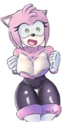 amy_rose amy_the_bat breasts neckline rouge_the_bat_(cosplay) sonic_(series) spandex_suit surprised_expression