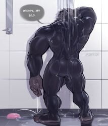 anthro ape ass balls barely_visible_balls barely_visible_genitalia bathing black_body black_fur bubble_butt dialogue fur genitals gorilla haplorhine hi_res male mammal nude plantigrade primate razzper rear_view showering soap solo speech_bubble standing text water wet