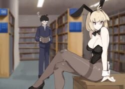 1boy ? absurdres animal_ears arcueid_brunestud bare_shoulders black_hair black_leotard black_pantyhose blonde_hair blurry blurry_background book breasts cleavage crossed_legs fake_animal_ears fake_tail female glasses highres holding holding_book jonyeld large_breasts leotard pantyhose playboy_bunny rabbit_ears rabbit_tail red_eyes seishun_buta_yarou short_hair sitting strapless strapless_leotard tail tohno_shiki tsukihime