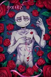 1boy bald blue_eyes gray_body grey_skin looking_at_viewer lying maddcactus_(artist) male male_only naked peter_(your_boyfriend) rose rose_(flower) rose_petals roses sharp_teeth stickman y/n_(your_boyfriend) your_boyfriend_(game)