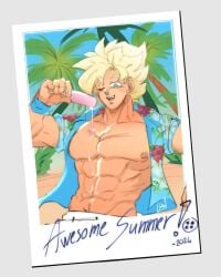 abs blue_eyes chest dragon_ball dragon_ball dragon_ball_super dragon_ball_z dripping_popsicle exposed_nipples goku hawaiian_shirt kakarot muscular muscular_male muscule popsicle popsicle_melting popsicle_stick ssj summer super_saiyan tropical