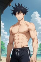 1boy abs ai_generated another_megumi bangs bara beach black_hair blush closed_mouth cloud cowboy_shot day fushiguro_megumi hair_between_eyes jujutsu_kaisen large_pectorals looking_at_viewer male_focus male_swimwear muscular muscular_male navel nipples ocean outdoors pectorals short_hair shorts sky solo spiked_hair sweat swim_trunks topless_male