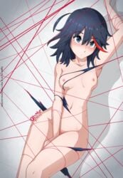 1girls arm_up black_hair blue_eyes blush breasts covering covering_crotch eyelashes female kill_la_kill life_fiber looking_at_viewer matoi_ryuuko multicolored_hair navel nipples nude obakeart short_hair simple_background solo streaked_hair torn_clothes two_tone_hair wide_hips