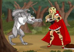 anthro big_ass big_bad_wolf big_breasts blonde_hair brown_fur comic curvy fairy_tales forest johnnyharadrim literature little_red_riding_hood muscular_male public_domain red_hood tearing_clothes werewolf wolf