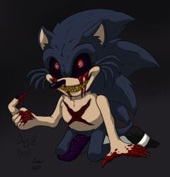 anthro blood blood_on_hand blue_body blue_fur bodily_fluids creepy eulipotyphlan feet fur genitals hedgehog hi_res lord_x male mammal penis rubberh0es_(artist) sega solo sonic_(series) sonic_the_hedgehog_(series) talons tan_body tan_fur toes unusual_anatomy unusual_genitalia unusual_penis wounded