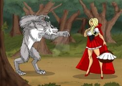 anthro big_ass big_bad_wolf big_breasts blonde_hair comic curvy fairy_tales forest johnnyharadrim literature little_red_riding_hood muscular_male public_domain red_hood wolf