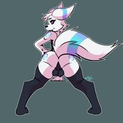 anthro clothing eeveelution fur generation_2_pokemon hi_res inviting legwear male markings nintendo nude pokemon pokemon_(species) purple_eyes showing_butt solo tagme thigh_highs umbreon vicvance white_body white_fur