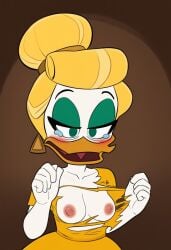 ai_generated blush ducktales_(2017) female female_only goldie_o&#039;gilt malfunction open_mouth suprised tearing_clothes tears torn_clothes wardrobe