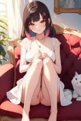 1girls ai_generated alufliniy blush breasts brown_hair day exposed_pussy flashing flashing_pussy hana_yomeguri indoors long_hair looking_at_viewer multicolored_hair no_panties orange_eyes pink_hair pussy solo_female tagme thighs upskirt virtual_youtuber vtuber