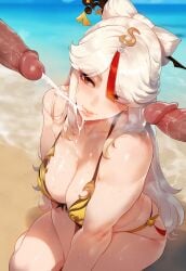 ai_generated beach big_breasts big_penis bikini genshin_impact hoyoverse huge_breasts huge_cock ignisai large_breasts large_penis looking_up mmf_threesome multiple_penises ningguang_(genshin_impact) tagme thick_thighs