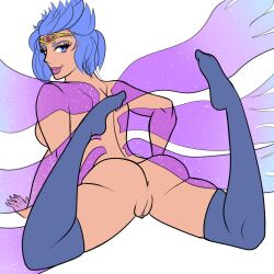 1girls anus discordia_(smite) european_mythology female goddess hi-rez_studios ikyuuki_dark light-skinned_female light_skin looking_at_viewer looking_back mythology nude pinup purple_hair pussy roman_mythology short_hair smite solo spread_legs stockings thighhighs