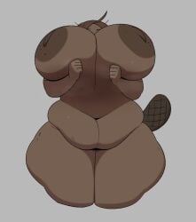 2024 anthro belly big_breasts breasts brown_body brown_fur brown_hair curvy_figure female fupa fur hair hi_res holding_breast huge_breasts mammal monotreme navel nude penelope_(mooncheese) platypus simple_background slightly_chubby slightly_chubby_anthro slightly_chubby_female solo stowaway thick_thighs voluptuous wide_hips