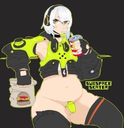 1female 1females 1futa 1girl 1girls anby_demara balls belly belly_button bottomless burger chastity_cage chubby cup drinking exposed_fat_belly fat female female_focus female_only futanari headphones hoyoverse light-skinned_female light_skin mihoyo mihoyo_technology_(shanghai)_co._ltd. penis sitting solo solo_female solo_focus subspaceskater tagme thick_legs thick_thighs white_hair white_hair_female zenless_zone_zero