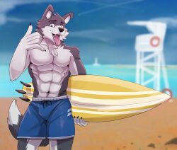 2023 5_fingers abs anthro athletic athletic_anthro athletic_male barazoku beach biped blue_clothing blue_swimming_trunks blue_swimwear blush bulge canid canine canis claws clothed clothing cloud colored day detailed_background digital_media_(artwork) dipstick_tail domestic_dog fingers fur grey_body grey_fur happy hi_res holding_object humanoid_hands kemono lifeguard_tower looking_at_viewer male mammal markings multicolored_body multicolored_fur muscular muscular_anthro muscular_male navel open_mouth open_smile outside pecs portrait sand seaside smile solo surfboard swimming_trunks swimwear tail tail_markings teeth three-quarter_portrait tongue topless topless_anthro topless_male two_tone_body two_tone_fur vitaly4321 water white_body white_fur widescreen