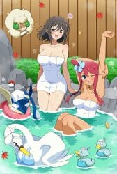 2girls :d ;d absurd_res asuka_(senran_kagura) bathing big_breasts blue_eyes breasts brown_eyes brown_hair cleavage creatures_(company) crossover ducklett eggman_(pixiv28975023) female female_focus game_freak generation_5_pokemon generation_6_pokemon greninja gym_leader hair_ornament heart hi_res looking_at_viewer maple_leaf medium_hair nintendo one_eye_closed onsen open_mouth outdoors poke_ball poke_ball_(basic) pokemon pokemon_(species) pokemon_bw red_hair senran_kagura short_hair_with_long_locks sidelocks skyla_(pokemon) smile spoken_heart swanna topknot towel towel_only water whimsicott