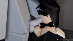 1boy 1girls 3d animated balls black_hair blowjob breasts bunny_ears bunnysuit censored_eyes cleavage clothed covered_eyes deepthroat dummy_(roblox) fellatio glasses iris_(rusmynth) loop oral original_character penis roblox robloxian rusmynth saliva_trail shorter_than_30_seconds sound sound_edit sound_effects tagme third-party_edit video