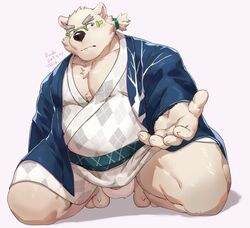 2019 anthro balls belly blush clothing eyewear fur glasses humanoid_hands leib_(tokyo_afterschool_summoners) male male_only mammal overweight overweight_male penis polar_bear robe simple_background solo taki_kaze tokyo_afterschool_summoners ursid ursine video_games white_background white_fur