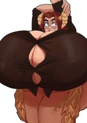 au_ra big_breasts big_butt big_lips black_shirt black_topwear blush bottomless bottomless_female breasts breasts_bigger_than_head clothing dand_u final_fantasy final_fantasy_xiv gigantic_breasts glasses hair horns huge_breasts huge_thighs humanoid hyper hyper_breasts long_hair long_hair_female misaki_hagane raen red_eyes red_hair solo solo_female solo_focus surprised surprised_expression surprised_face thick_thighs white_background white_horns white_scales