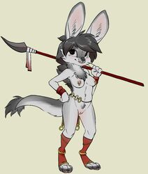 anthro black_eyes black_hair breasts female fur furry hair hi_res hybrid macropod mammal marsupial melee_weapon nipple_piercing nipples otte piercing polearm pussy reign-2004 solo spear toeless_stockings weapon white_fur