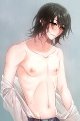 1boy belt black_hair blush bungo_stray_dogs bungou_stray_dogs closed_mouth collarbone embarrassed highres looking_down male male_focus male_only nakamae_ayako navel oguri_mushitarou_(bungou_stray_dogs) pants shirt short_hair simple_background solo solo_male suggestive topless_male undressing wet wet_hair white_shirt yellow_eyes